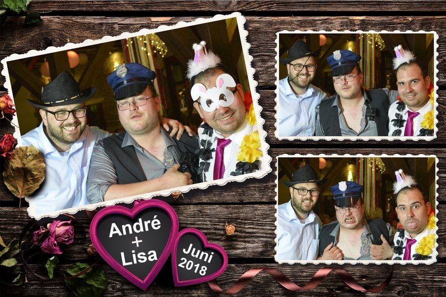 Fotobox-Collage einer Hochzeitsfeier im rustikalen Holz-Design mit Herzen
